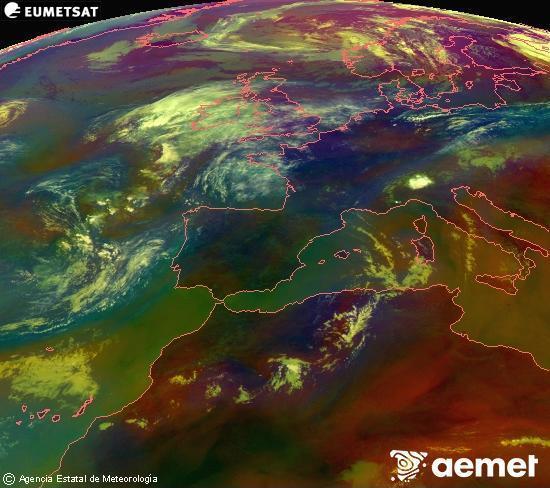 Composici� RGB en la qual es barregen diversos canals del sat�l�lit Meteosat operacional en 0�N 0�W, que ens d�na una idea de les caracter�stiques de les masses d'aire i de la nuvolositat.&nbsp;diumenge, 2 d?agost  2026 12:00