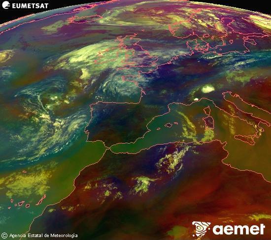 Composici� RGB en la qual es barregen diversos canals del sat�l�lit Meteosat operacional en 0�N 0�W, que ens d�na una idea de les caracter�stiques de les masses d'aire i de la nuvolositat.&nbsp;diumenge, 2 d?agost  2026 13:00