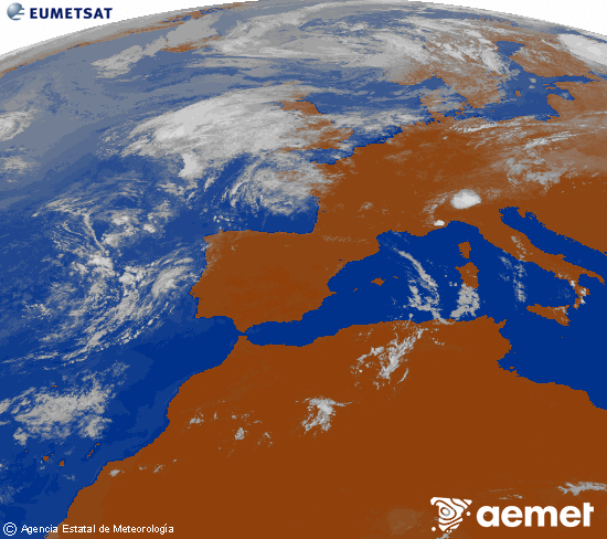 Imagen de la zona de Europa y Norte de �frica del canal infrarrojo del sat�lite Meteosat operacional en 0�N 0�W, procesada para darle color.&nbsp;diumenge, 2 d?agost  2026 13:00