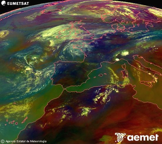 Composici� RGB en la qual es barregen diversos canals del sat�l�lit Meteosat operacional en 0�N 0�W, que ens d�na una idea de les caracter�stiques de les masses d'aire i de la nuvolositat.&nbsp;diumenge, 2 d?agost  2026 14:00
