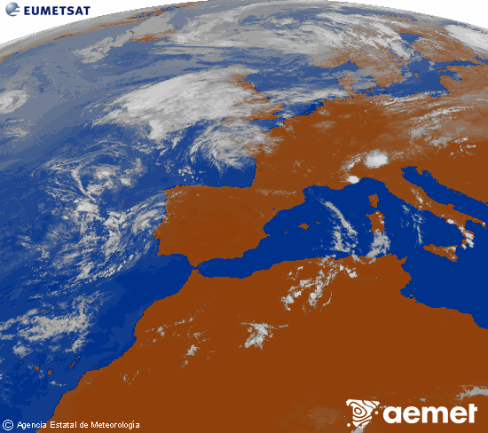 Imagen de la zona de Europa y Norte de �frica del canal infrarrojo del sat�lite Meteosat operacional en 0�N 0�W, procesada para darle color.&nbsp;diumenge, 2 d?agost  2026 14:00