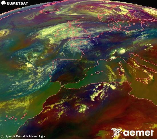 Composici� RGB en la qual es barregen diversos canals del sat�l�lit Meteosat operacional en 0�N 0�W, que ens d�na una idea de les caracter�stiques de les masses d'aire i de la nuvolositat.&nbsp;diumenge, 2 d?agost  2026 15:00