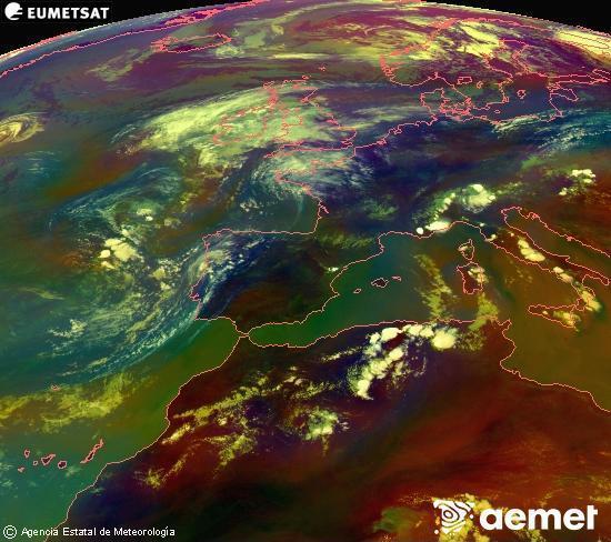 Composici� RGB en la qual es barregen diversos canals del sat�l�lit Meteosat operacional en 0�N 0�W, que ens d�na una idea de les caracter�stiques de les masses d'aire i de la nuvolositat.&nbsp;diumenge, 2 d?agost  2026 16:00