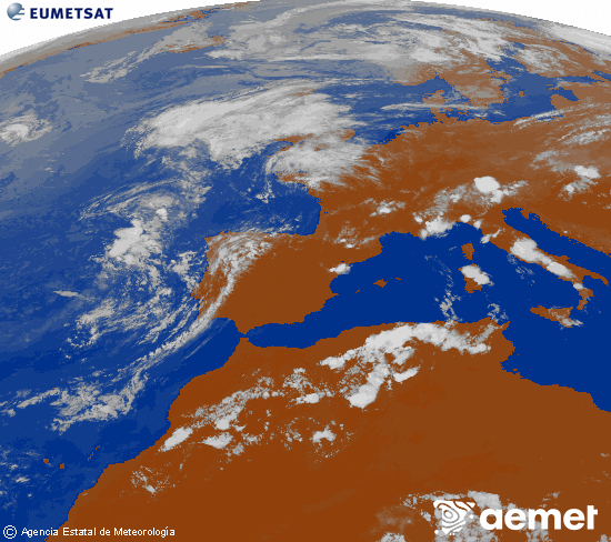 Imatge de la zona d'Europa i Nord d'�frica del canal infraroig del sat�l�lit Meteosat operacional en 0�N 0�W, processada per a donar-li color.&nbsp;diumenge, 2 d?agost  2026 18:00