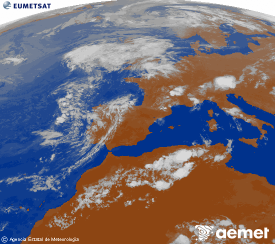 Imatge de la zona d'Europa i Nord d'�frica del canal infraroig del sat�l�lit Meteosat operacional en 0�N 0�W, processada per a donar-li color.&nbsp;diumenge, 2 d?agost  2026 21:00