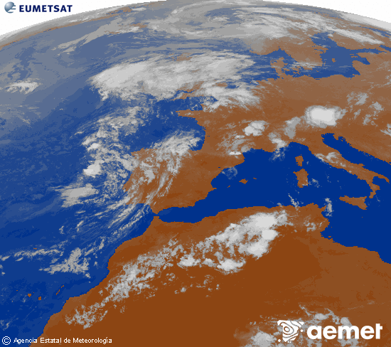 Imatge de la zona d'Europa i Nord d'�frica del canal infraroig del sat�l�lit Meteosat operacional en 0�N 0�W, processada per a donar-li color.&nbsp;diumenge, 2 d?agost  2026 22:00