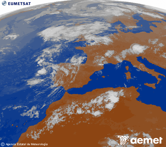 Imatge de la zona d'Europa i Nord d'�frica del canal infraroig del sat�l�lit Meteosat operacional en 0�N 0�W, processada per a donar-li color.&nbsp;diumenge, 2 d?agost  2026 23:00