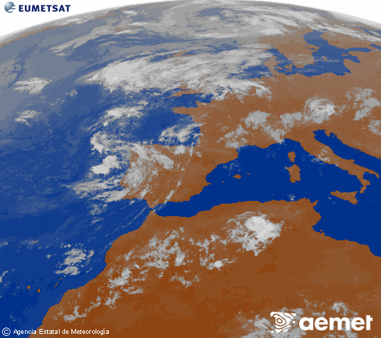 Imatge de la zona d'Europa i Nord d'�frica del canal infraroig del sat�l�lit Meteosat operacional en 0�N 0�W, processada per a donar-li color.&nbsp;dilluns, 3 d?agost  2026 01:00