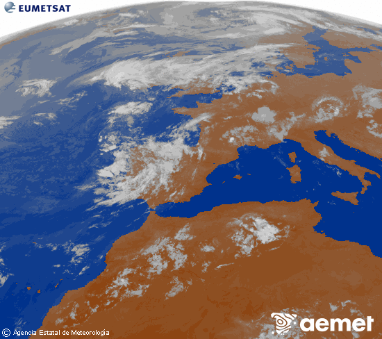 Imatge de la zona d'Europa i Nord d'�frica del canal infraroig del sat�l�lit Meteosat operacional en 0�N 0�W, processada per a donar-li color.&nbsp;dilluns, 3 d?agost  2026 03:00