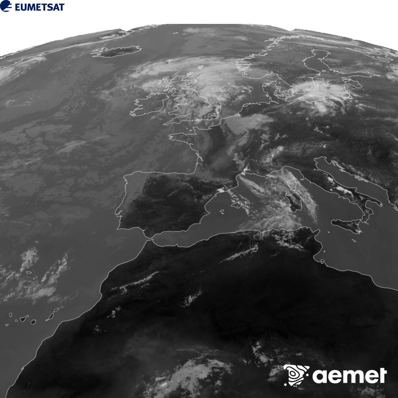 Cette image a �t� g�n�r�e � partir des donn�es du canal infrarouge 10,5 �m du satellite METEOSAT-12, qui fait partie de la troisi�me g�n�ration de satellites Meteosat (MTG). Afin que l'image se rapproche davantage de la perception de l'oeil humain, l'�chelle de gris a �t� invers�e. Les heures indiqu�es se rapportent � la p�ninsule (une heure de moins aux �les Canaries).&nbsp;mardi, 4 ao�t  2026 14:00