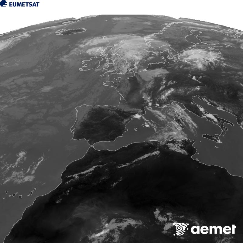 Cette image a �t� g�n�r�e � partir des donn�es du canal infrarouge 10,5 �m du satellite METEOSAT-12, qui fait partie de la troisi�me g�n�ration de satellites Meteosat (MTG). Afin que l'image se rapproche davantage de la perception de l'oeil humain, l'�chelle de gris a �t� invers�e. Les heures indiqu�es se rapportent � la p�ninsule (une heure de moins aux �les Canaries).&nbsp;mardi, 4 ao�t  2026 15:00