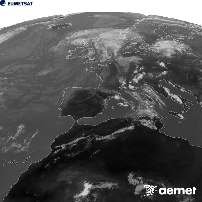 Cette image a �t� g�n�r�e � partir des donn�es du canal infrarouge 10,5 �m du satellite METEOSAT-12, qui fait partie de la troisi�me g�n�ration de satellites Meteosat (MTG). Afin que l'image se rapproche davantage de la perception de l'oeil humain, l'�chelle de gris a �t� invers�e. Les heures indiqu�es se rapportent � la p�ninsule (une heure de moins aux �les Canaries).&nbsp;mardi, 4 ao�t  2026 16:00
