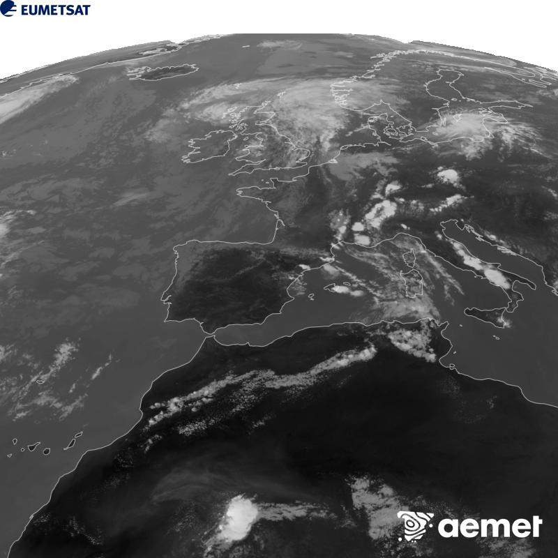 Cette image a �t� g�n�r�e � partir des donn�es du canal infrarouge 10,5 �m du satellite METEOSAT-12, qui fait partie de la troisi�me g�n�ration de satellites Meteosat (MTG). Afin que l'image se rapproche davantage de la perception de l'oeil humain, l'�chelle de gris a �t� invers�e. Les heures indiqu�es se rapportent � la p�ninsule (une heure de moins aux �les Canaries).&nbsp;mardi, 4 ao�t  2026 17:00