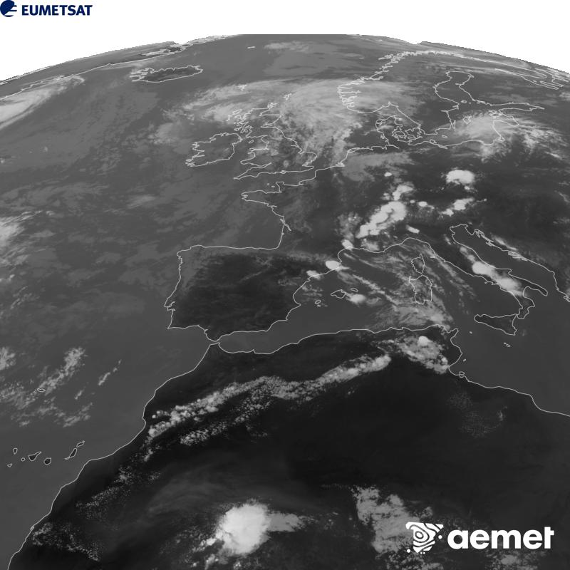 Cette image a �t� g�n�r�e � partir des donn�es du canal infrarouge 10,5 �m du satellite METEOSAT-12, qui fait partie de la troisi�me g�n�ration de satellites Meteosat (MTG). Afin que l'image se rapproche davantage de la perception de l'oeil humain, l'�chelle de gris a �t� invers�e. Les heures indiqu�es se rapportent � la p�ninsule (une heure de moins aux �les Canaries).&nbsp;mardi, 4 ao�t  2026 18:00