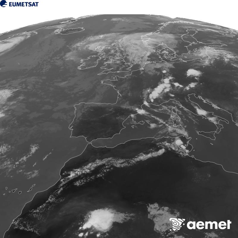 Cette image a �t� g�n�r�e � partir des donn�es du canal infrarouge 10,5 �m du satellite METEOSAT-12, qui fait partie de la troisi�me g�n�ration de satellites Meteosat (MTG). Afin que l'image se rapproche davantage de la perception de l'oeil humain, l'�chelle de gris a �t� invers�e. Les heures indiqu�es se rapportent � la p�ninsule (une heure de moins aux �les Canaries).&nbsp;mardi, 4 ao�t  2026 19:00