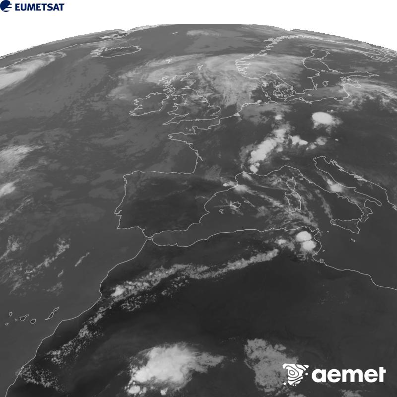 Cette image a �t� g�n�r�e � partir des donn�es du canal infrarouge 10,5 �m du satellite METEOSAT-12, qui fait partie de la troisi�me g�n�ration de satellites Meteosat (MTG). Afin que l'image se rapproche davantage de la perception de l'oeil humain, l'�chelle de gris a �t� invers�e. Les heures indiqu�es se rapportent � la p�ninsule (une heure de moins aux �les Canaries).&nbsp;mardi, 4 ao�t  2026 20:00