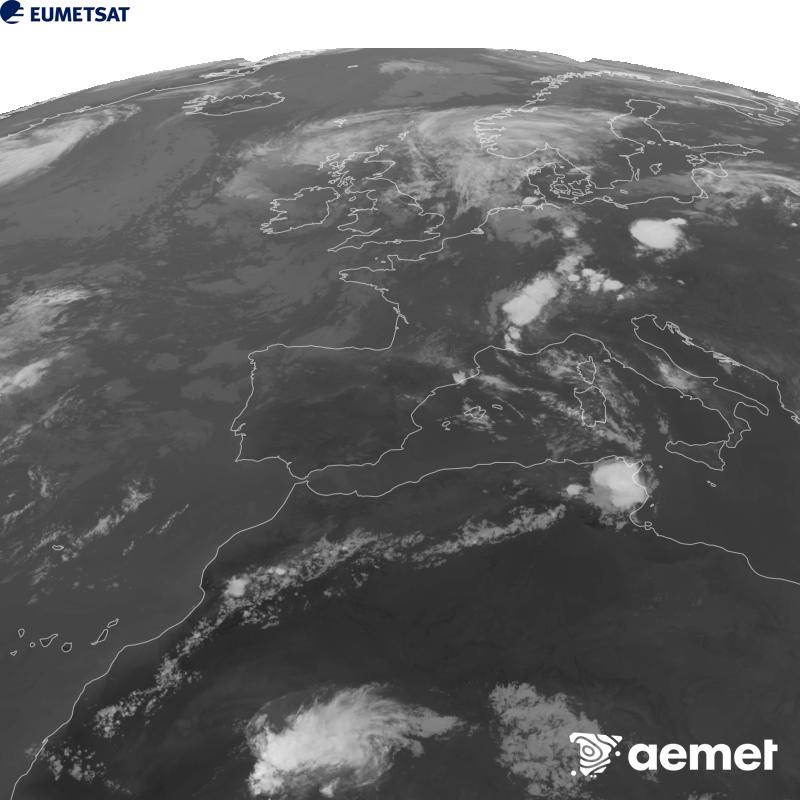Cette image a �t� g�n�r�e � partir des donn�es du canal infrarouge 10,5 �m du satellite METEOSAT-12, qui fait partie de la troisi�me g�n�ration de satellites Meteosat (MTG). Afin que l'image se rapproche davantage de la perception de l'oeil humain, l'�chelle de gris a �t� invers�e. Les heures indiqu�es se rapportent � la p�ninsule (une heure de moins aux �les Canaries).&nbsp;mardi, 4 ao�t  2026 21:00