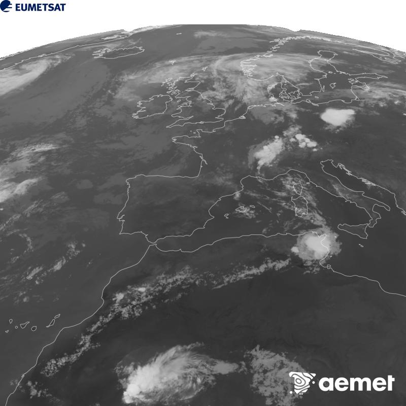 Cette image a �t� g�n�r�e � partir des donn�es du canal infrarouge 10,5 �m du satellite METEOSAT-12, qui fait partie de la troisi�me g�n�ration de satellites Meteosat (MTG). Afin que l'image se rapproche davantage de la perception de l'oeil humain, l'�chelle de gris a �t� invers�e. Les heures indiqu�es se rapportent � la p�ninsule (une heure de moins aux �les Canaries).&nbsp;mardi, 4 ao�t  2026 22:00