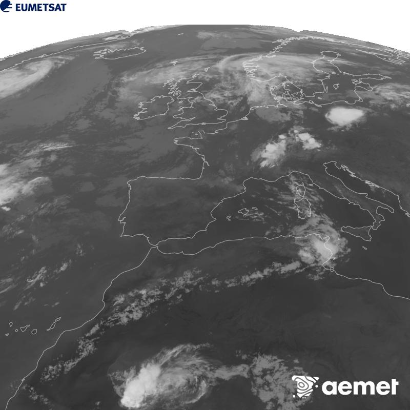 Cette image a �t� g�n�r�e � partir des donn�es du canal infrarouge 10,5 �m du satellite METEOSAT-12, qui fait partie de la troisi�me g�n�ration de satellites Meteosat (MTG). Afin que l'image se rapproche davantage de la perception de l'oeil humain, l'�chelle de gris a �t� invers�e. Les heures indiqu�es se rapportent � la p�ninsule (une heure de moins aux �les Canaries).&nbsp;mardi, 4 ao�t  2026 23:00