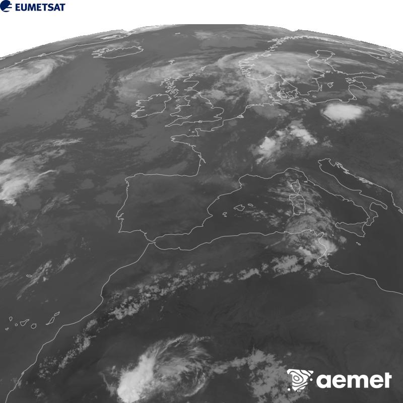 Cette image a �t� g�n�r�e � partir des donn�es du canal infrarouge 10,5 �m du satellite METEOSAT-12, qui fait partie de la troisi�me g�n�ration de satellites Meteosat (MTG). Afin que l'image se rapproche davantage de la perception de l'oeil humain, l'�chelle de gris a �t� invers�e. Les heures indiqu�es se rapportent � la p�ninsule (une heure de moins aux �les Canaries).&nbsp;mercredi, 5 ao�t  2026 00:00