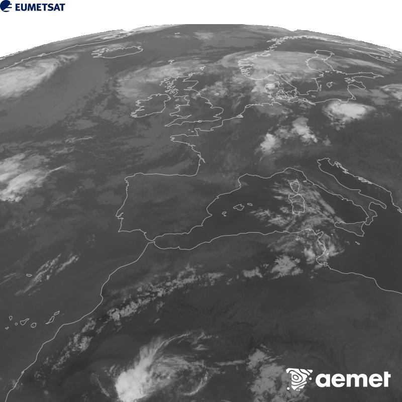 Cette image a �t� g�n�r�e � partir des donn�es du canal infrarouge 10,5 �m du satellite METEOSAT-12, qui fait partie de la troisi�me g�n�ration de satellites Meteosat (MTG). Afin que l'image se rapproche davantage de la perception de l'oeil humain, l'�chelle de gris a �t� invers�e. Les heures indiqu�es se rapportent � la p�ninsule (une heure de moins aux �les Canaries).&nbsp;mercredi, 5 ao�t  2026 01:00