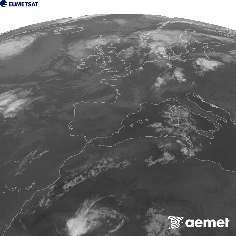 Cette image a �t� g�n�r�e � partir des donn�es du canal infrarouge 10,5 �m du satellite METEOSAT-12, qui fait partie de la troisi�me g�n�ration de satellites Meteosat (MTG). Afin que l'image se rapproche davantage de la perception de l'oeil humain, l'�chelle de gris a �t� invers�e. Les heures indiqu�es se rapportent � la p�ninsule (une heure de moins aux �les Canaries).&nbsp;mercredi, 5 ao�t  2026 02:00
