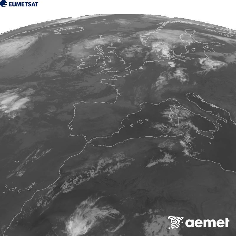 Cette image a �t� g�n�r�e � partir des donn�es du canal infrarouge 10,5 �m du satellite METEOSAT-12, qui fait partie de la troisi�me g�n�ration de satellites Meteosat (MTG). Afin que l'image se rapproche davantage de la perception de l'oeil humain, l'�chelle de gris a �t� invers�e. Les heures indiqu�es se rapportent � la p�ninsule (une heure de moins aux �les Canaries).&nbsp;mercredi, 5 ao�t  2026 03:00