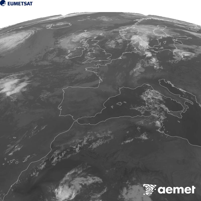 Cette image a �t� g�n�r�e � partir des donn�es du canal infrarouge 10,5 �m du satellite METEOSAT-12, qui fait partie de la troisi�me g�n�ration de satellites Meteosat (MTG). Afin que l'image se rapproche davantage de la perception de l'oeil humain, l'�chelle de gris a �t� invers�e. Les heures indiqu�es se rapportent � la p�ninsule (une heure de moins aux �les Canaries).&nbsp;mercredi, 5 ao�t  2026 04:00