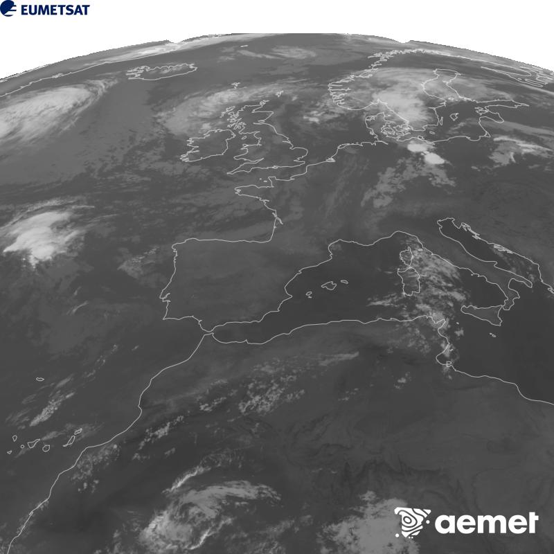 Cette image a �t� g�n�r�e � partir des donn�es du canal infrarouge 10,5 �m du satellite METEOSAT-12, qui fait partie de la troisi�me g�n�ration de satellites Meteosat (MTG). Afin que l'image se rapproche davantage de la perception de l'oeil humain, l'�chelle de gris a �t� invers�e. Les heures indiqu�es se rapportent � la p�ninsule (une heure de moins aux �les Canaries).&nbsp;mercredi, 5 ao�t  2026 06:00