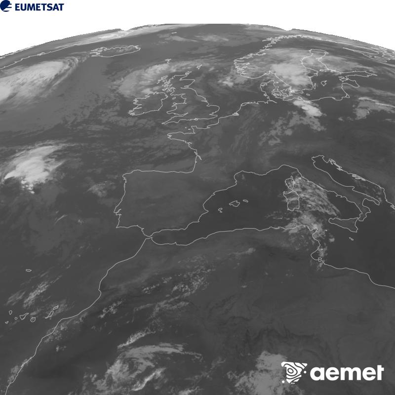 Cette image a �t� g�n�r�e � partir des donn�es du canal infrarouge 10,5 �m du satellite METEOSAT-12, qui fait partie de la troisi�me g�n�ration de satellites Meteosat (MTG). Afin que l'image se rapproche davantage de la perception de l'oeil humain, l'�chelle de gris a �t� invers�e. Les heures indiqu�es se rapportent � la p�ninsule (une heure de moins aux �les Canaries).&nbsp;mercredi, 5 ao�t  2026 07:00