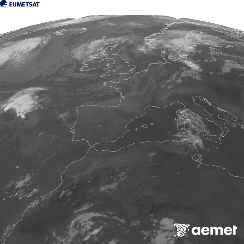 Cette image a �t� g�n�r�e � partir des donn�es du canal infrarouge 10,5 �m du satellite METEOSAT-12, qui fait partie de la troisi�me g�n�ration de satellites Meteosat (MTG). Afin que l'image se rapproche davantage de la perception de l'oeil humain, l'�chelle de gris a �t� invers�e. Les heures indiqu�es se rapportent � la p�ninsule (une heure de moins aux �les Canaries).&nbsp;mercredi, 5 ao�t  2026 08:00
