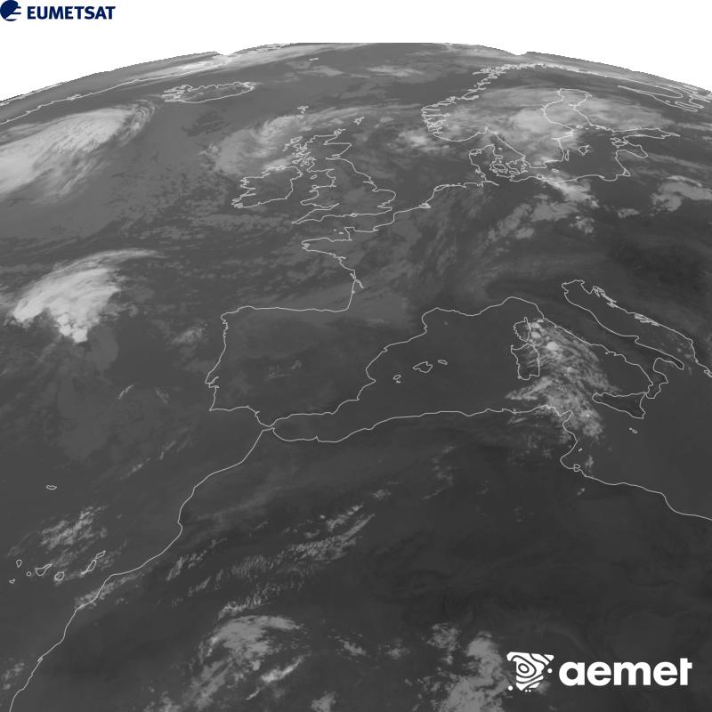 Cette image a �t� g�n�r�e � partir des donn�es du canal infrarouge 10,5 �m du satellite METEOSAT-12, qui fait partie de la troisi�me g�n�ration de satellites Meteosat (MTG). Afin que l'image se rapproche davantage de la perception de l'oeil humain, l'�chelle de gris a �t� invers�e. Les heures indiqu�es se rapportent � la p�ninsule (une heure de moins aux �les Canaries).&nbsp;mercredi, 5 ao�t  2026 09:00