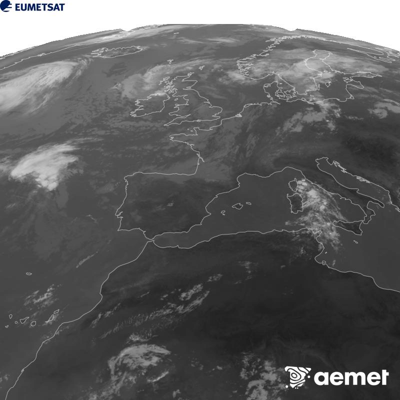 Cette image a �t� g�n�r�e � partir des donn�es du canal infrarouge 10,5 �m du satellite METEOSAT-12, qui fait partie de la troisi�me g�n�ration de satellites Meteosat (MTG). Afin que l'image se rapproche davantage de la perception de l'oeil humain, l'�chelle de gris a �t� invers�e. Les heures indiqu�es se rapportent � la p�ninsule (une heure de moins aux �les Canaries).&nbsp;mercredi, 5 ao�t  2026 10:00