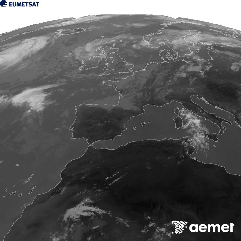 Cette image a �t� g�n�r�e � partir des donn�es du canal infrarouge 10,5 �m du satellite METEOSAT-12, qui fait partie de la troisi�me g�n�ration de satellites Meteosat (MTG). Afin que l'image se rapproche davantage de la perception de l'oeil humain, l'�chelle de gris a �t� invers�e. Les heures indiqu�es se rapportent � la p�ninsule (une heure de moins aux �les Canaries).&nbsp;mercredi, 5 ao�t  2026 12:00