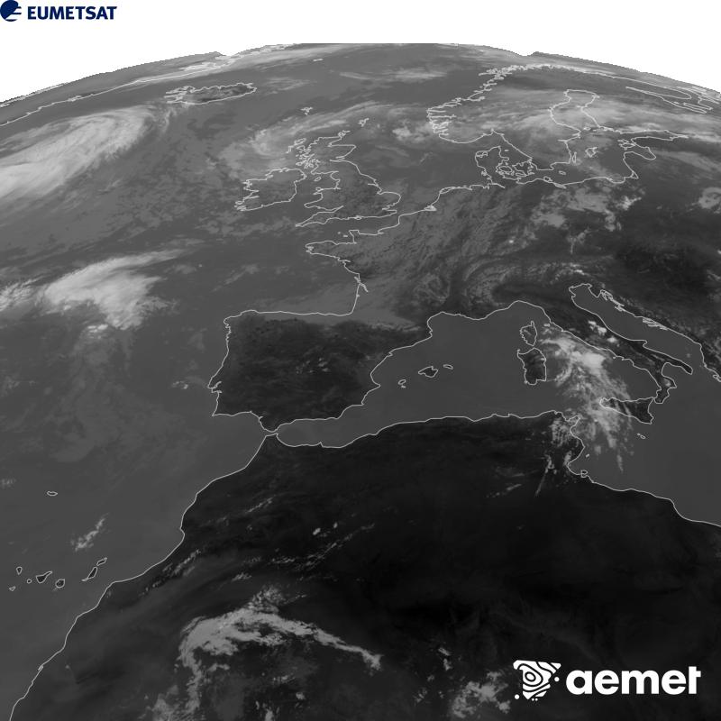 Cette image a �t� g�n�r�e � partir des donn�es du canal infrarouge 10,5 �m du satellite METEOSAT-12, qui fait partie de la troisi�me g�n�ration de satellites Meteosat (MTG). Afin que l'image se rapproche davantage de la perception de l'oeil humain, l'�chelle de gris a �t� invers�e. Les heures indiqu�es se rapportent � la p�ninsule (une heure de moins aux �les Canaries).&nbsp;mercredi, 5 ao�t  2026 13:00