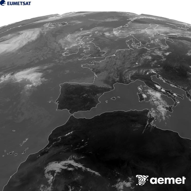 Cette image a �t� g�n�r�e � partir des donn�es du canal infrarouge 10,5 �m du satellite METEOSAT-12, qui fait partie de la troisi�me g�n�ration de satellites Meteosat (MTG). Afin que l'image se rapproche davantage de la perception de l'oeil humain, l'�chelle de gris a �t� invers�e. Les heures indiqu�es se rapportent � la p�ninsule (une heure de moins aux �les Canaries).&nbsp;mercredi, 5 ao�t  2026 14:00