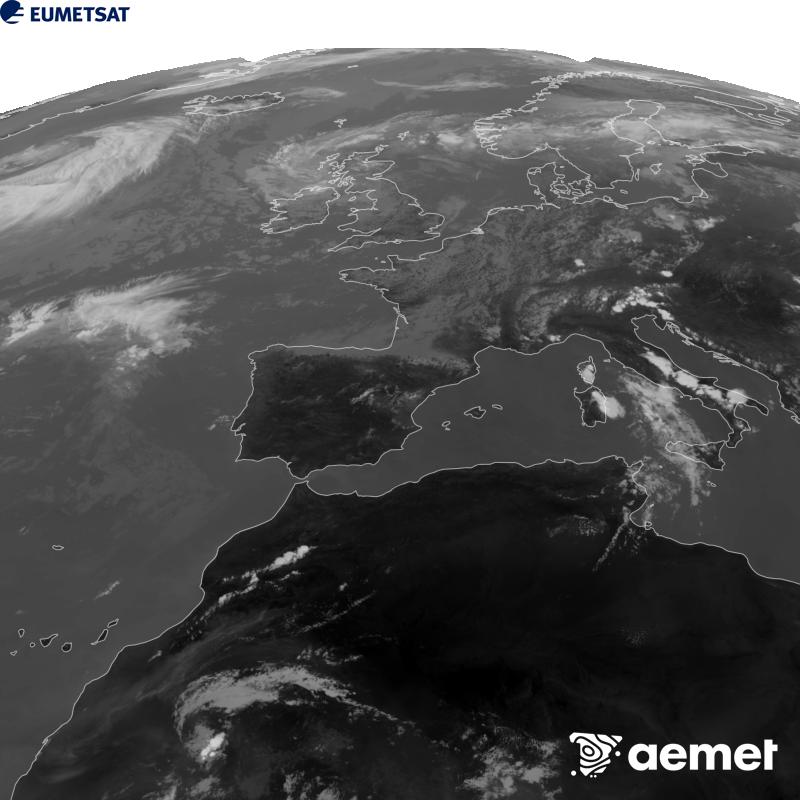 Cette image a �t� g�n�r�e � partir des donn�es du canal infrarouge 10,5 �m du satellite METEOSAT-12, qui fait partie de la troisi�me g�n�ration de satellites Meteosat (MTG). Afin que l'image se rapproche davantage de la perception de l'oeil humain, l'�chelle de gris a �t� invers�e. Les heures indiqu�es se rapportent � la p�ninsule (une heure de moins aux �les Canaries).&nbsp;mercredi, 5 ao�t  2026 15:00