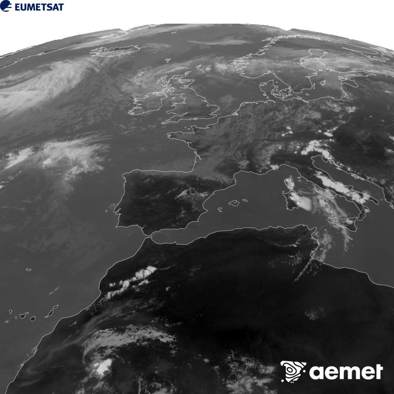 Cette image a �t� g�n�r�e � partir des donn�es du canal infrarouge 10,5 �m du satellite METEOSAT-12, qui fait partie de la troisi�me g�n�ration de satellites Meteosat (MTG). Afin que l'image se rapproche davantage de la perception de l'oeil humain, l'�chelle de gris a �t� invers�e. Les heures indiqu�es se rapportent � la p�ninsule (une heure de moins aux �les Canaries).&nbsp;mercredi, 5 ao�t  2026 16:00
