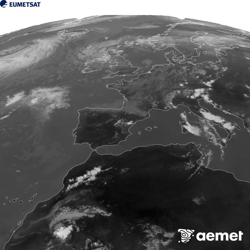 Cette image a �t� g�n�r�e � partir des donn�es du canal infrarouge 10,5 �m du satellite METEOSAT-12, qui fait partie de la troisi�me g�n�ration de satellites Meteosat (MTG). Afin que l'image se rapproche davantage de la perception de l'oeil humain, l'�chelle de gris a �t� invers�e. Les heures indiqu�es se rapportent � la p�ninsule (une heure de moins aux �les Canaries).&nbsp;mercredi, 5 ao�t  2026 17:00