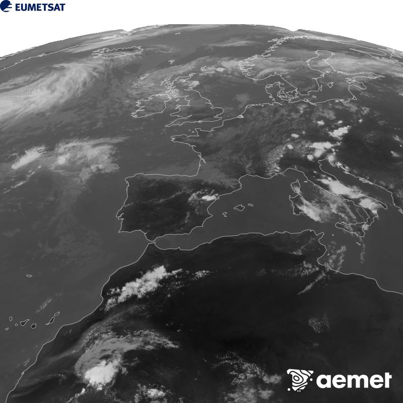 Cette image a �t� g�n�r�e � partir des donn�es du canal infrarouge 10,5 �m du satellite METEOSAT-12, qui fait partie de la troisi�me g�n�ration de satellites Meteosat (MTG). Afin que l'image se rapproche davantage de la perception de l'oeil humain, l'�chelle de gris a �t� invers�e. Les heures indiqu�es se rapportent � la p�ninsule (une heure de moins aux �les Canaries).&nbsp;mercredi, 5 ao�t  2026 18:00