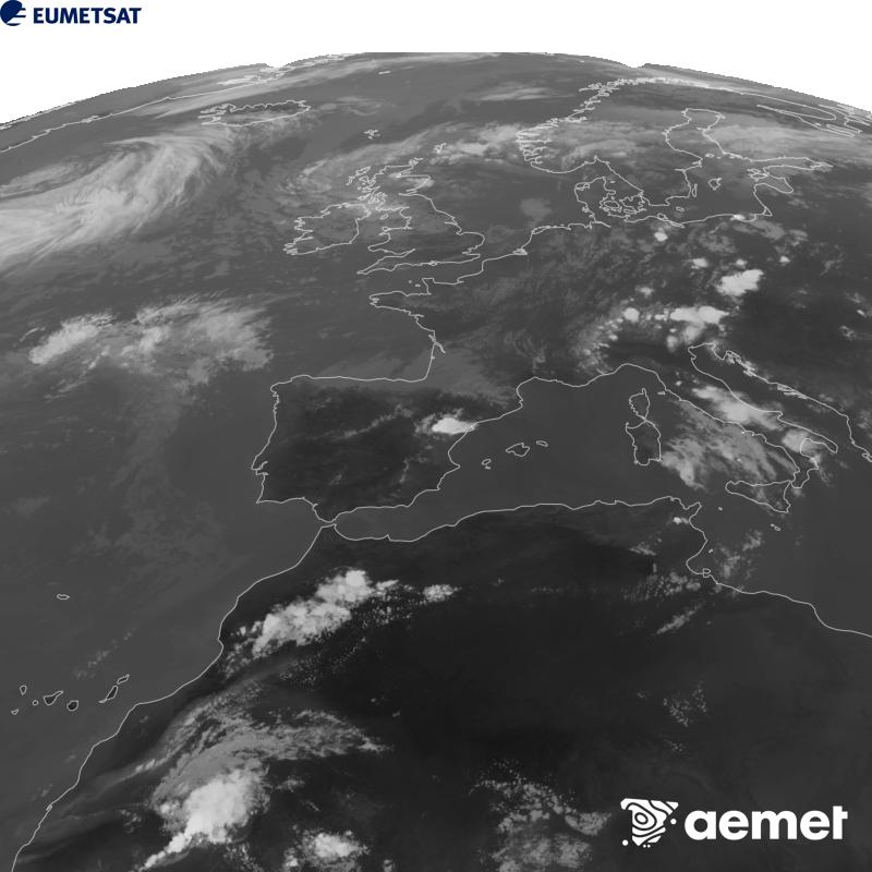Cette image a �t� g�n�r�e � partir des donn�es du canal infrarouge 10,5 �m du satellite METEOSAT-12, qui fait partie de la troisi�me g�n�ration de satellites Meteosat (MTG). Afin que l'image se rapproche davantage de la perception de l'oeil humain, l'�chelle de gris a �t� invers�e. Les heures indiqu�es se rapportent � la p�ninsule (une heure de moins aux �les Canaries).&nbsp;mercredi, 5 ao�t  2026 19:00