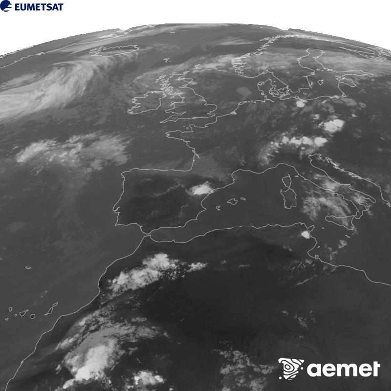 Cette image a �t� g�n�r�e � partir des donn�es du canal infrarouge 10,5 �m du satellite METEOSAT-12, qui fait partie de la troisi�me g�n�ration de satellites Meteosat (MTG). Afin que l'image se rapproche davantage de la perception de l'oeil humain, l'�chelle de gris a �t� invers�e. Les heures indiqu�es se rapportent � la p�ninsule (une heure de moins aux �les Canaries).&nbsp;mercredi, 5 ao�t  2026 20:00