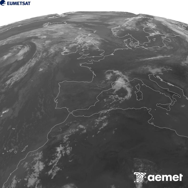 Irudi hau METEOSAT-12 satelitearen 10.5 �m Infragorri kanaleko informazioa erabiliz sortzen da, Meteosat (MTG) sateliteen hirugarren belaunaldikoa. Irudiak giza begiaren pertzepzioaren antz handiagoa izan dezan, grisen eskala alderantzizkoa da. Ordu horiek penintsulari dagozkio (ordubete gutxiago Kanariar Uharteetan).&nbsp;asteartea, 2026ko abuztuak 11, ordua: 09:00