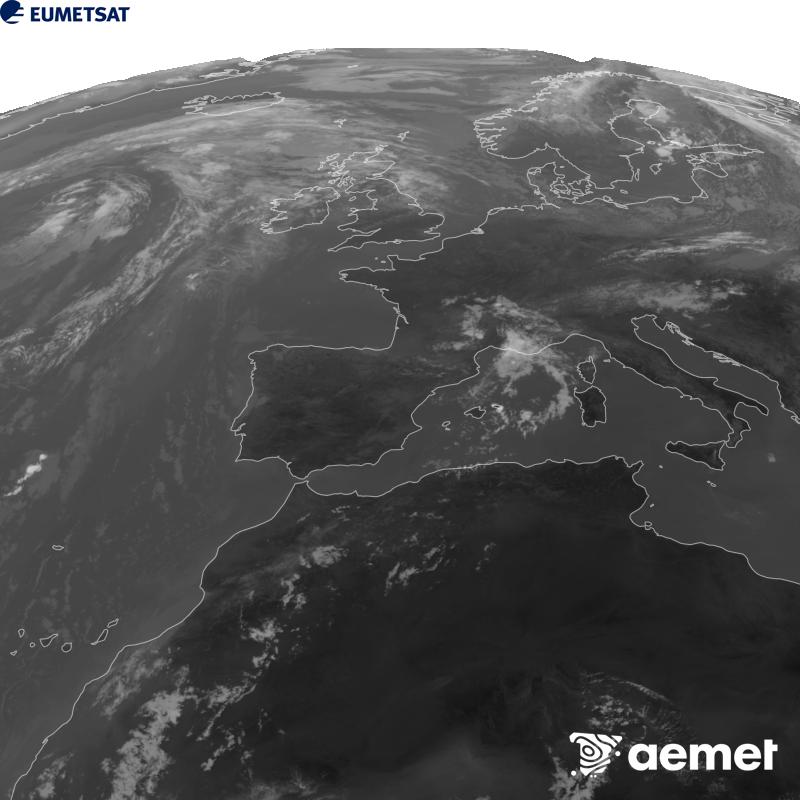Irudi hau METEOSAT-12 satelitearen 10.5 �m Infragorri kanaleko informazioa erabiliz sortzen da, Meteosat (MTG) sateliteen hirugarren belaunaldikoa. Irudiak giza begiaren pertzepzioaren antz handiagoa izan dezan, grisen eskala alderantzizkoa da. Ordu horiek penintsulari dagozkio (ordubete gutxiago Kanariar Uharteetan).&nbsp;asteartea, 2026ko abuztuak 11, ordua: 11:00