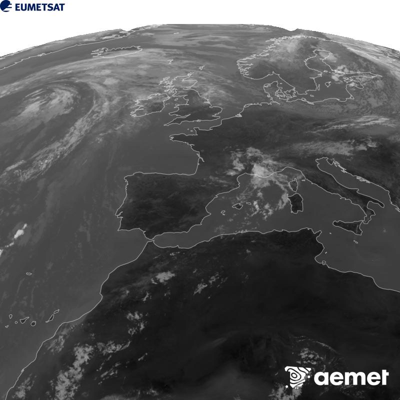 Irudi hau METEOSAT-12 satelitearen 10.5 �m Infragorri kanaleko informazioa erabiliz sortzen da, Meteosat (MTG) sateliteen hirugarren belaunaldikoa. Irudiak giza begiaren pertzepzioaren antz handiagoa izan dezan, grisen eskala alderantzizkoa da. Ordu horiek penintsulari dagozkio (ordubete gutxiago Kanariar Uharteetan).&nbsp;asteartea, 2026ko abuztuak 11, ordua: 12:00