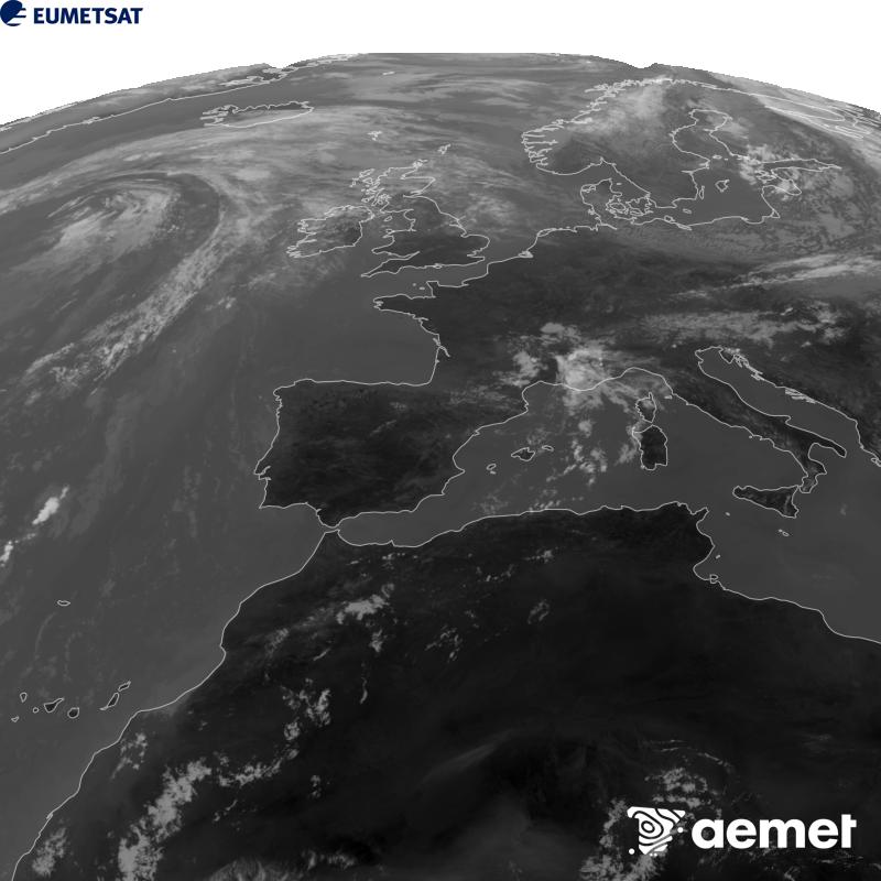 Irudi hau METEOSAT-12 satelitearen 10.5 �m Infragorri kanaleko informazioa erabiliz sortzen da, Meteosat (MTG) sateliteen hirugarren belaunaldikoa. Irudiak giza begiaren pertzepzioaren antz handiagoa izan dezan, grisen eskala alderantzizkoa da. Ordu horiek penintsulari dagozkio (ordubete gutxiago Kanariar Uharteetan).&nbsp;asteartea, 2026ko abuztuak 11, ordua: 13:00