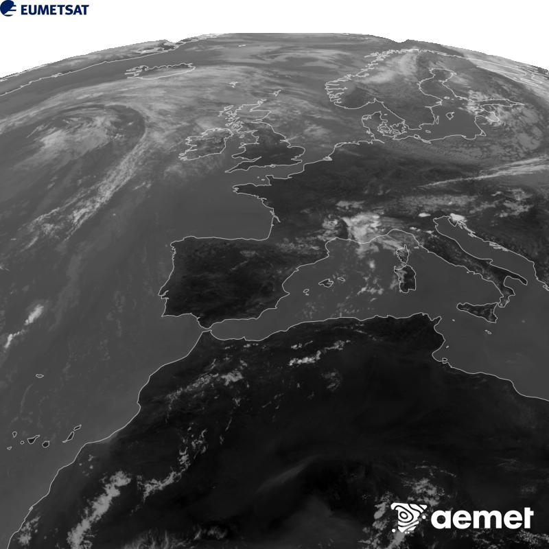 Irudi hau METEOSAT-12 satelitearen 10.5 �m Infragorri kanaleko informazioa erabiliz sortzen da, Meteosat (MTG) sateliteen hirugarren belaunaldikoa. Irudiak giza begiaren pertzepzioaren antz handiagoa izan dezan, grisen eskala alderantzizkoa da. Ordu horiek penintsulari dagozkio (ordubete gutxiago Kanariar Uharteetan).&nbsp;asteartea, 2026ko abuztuak 11, ordua: 14:00