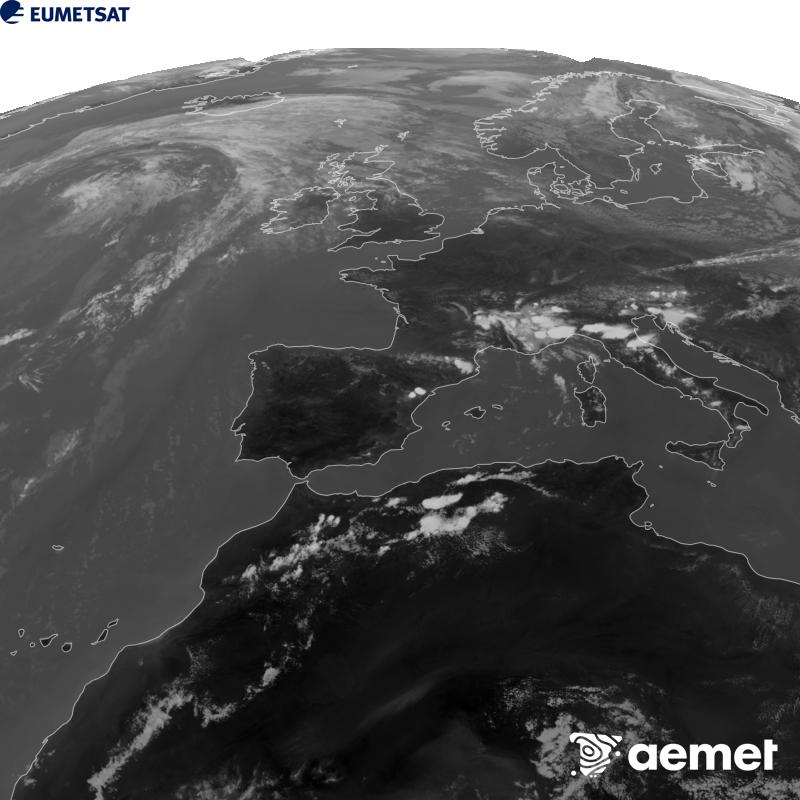 Irudi hau METEOSAT-12 satelitearen 10.5 �m Infragorri kanaleko informazioa erabiliz sortzen da, Meteosat (MTG) sateliteen hirugarren belaunaldikoa. Irudiak giza begiaren pertzepzioaren antz handiagoa izan dezan, grisen eskala alderantzizkoa da. Ordu horiek penintsulari dagozkio (ordubete gutxiago Kanariar Uharteetan).&nbsp;asteartea, 2026ko abuztuak 11, ordua: 16:00