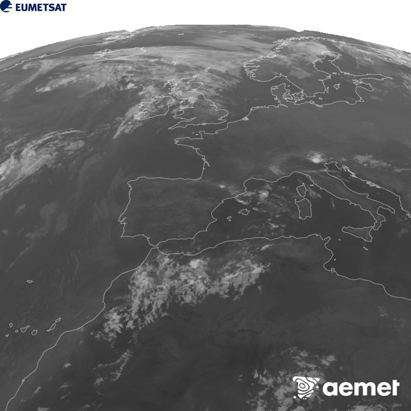 Irudi hau METEOSAT-12 satelitearen 10.5 �m Infragorri kanaleko informazioa erabiliz sortzen da, Meteosat (MTG) sateliteen hirugarren belaunaldikoa. Irudiak giza begiaren pertzepzioaren antz handiagoa izan dezan, grisen eskala alderantzizkoa da. Ordu horiek penintsulari dagozkio (ordubete gutxiago Kanariar Uharteetan).&nbsp;asteazkena, 2026ko abuztuak 12, ordua: 02:00
