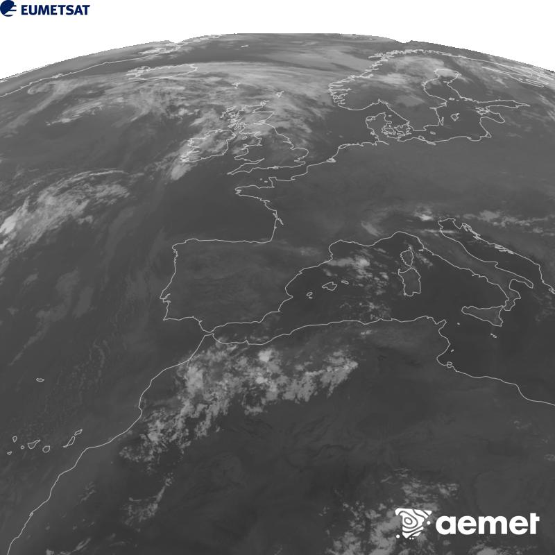 Irudi hau METEOSAT-12 satelitearen 10.5 �m Infragorri kanaleko informazioa erabiliz sortzen da, Meteosat (MTG) sateliteen hirugarren belaunaldikoa. Irudiak giza begiaren pertzepzioaren antz handiagoa izan dezan, grisen eskala alderantzizkoa da. Ordu horiek penintsulari dagozkio (ordubete gutxiago Kanariar Uharteetan).&nbsp;asteazkena, 2026ko abuztuak 12, ordua: 03:00